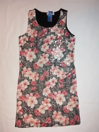 Vestido Corto Con Lentejuelas, Flores Rojas Flores