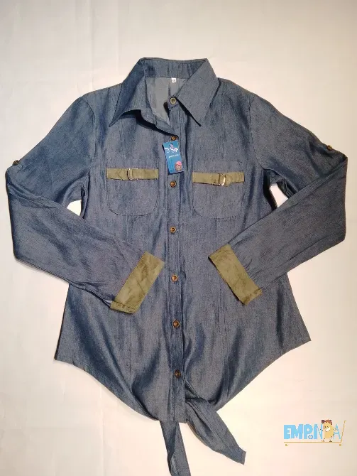 Camisa Azul Símil Jeans con Nudo en puntas Flores - imagen 2