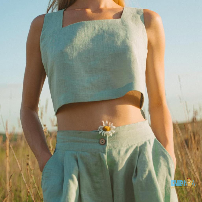 Conjunto de lino en tono menta – top y shorts Flores - imagen 1