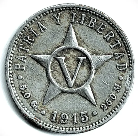 Moneda de Cuba 5 centavos 1915 muy pocas unidades Villa Crespo