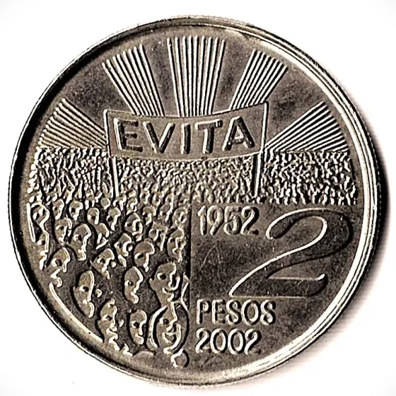 Moneda argentina 2 pesos 2002 Evita conmemorativa Villa Crespo