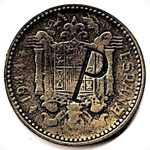 Moneda de España 1 peseta 1944 con una letra P Villa Crespo