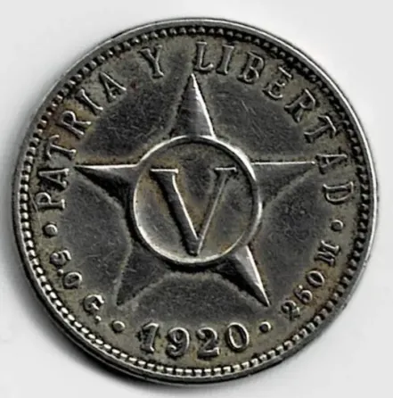 Moneda de Cuba 5 centavos 1920 VF +++++ hay muy pocas Villa Crespo