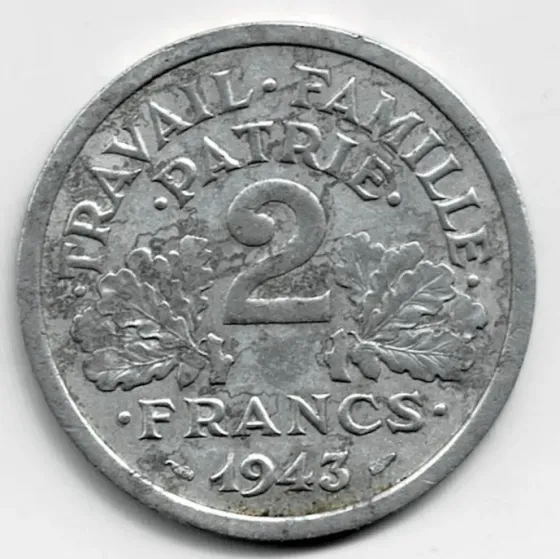 Moneda de Francia 2 francos 1943 II Guerra Mundial Villa Crespo
