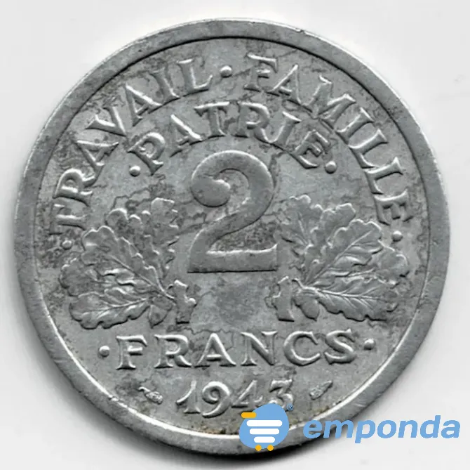 Moneda de Francia 2 francos 1943 II Guerra Mundial Villa Crespo - imagen 2