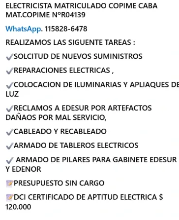 Electricista matriculado copime caba Balvanera