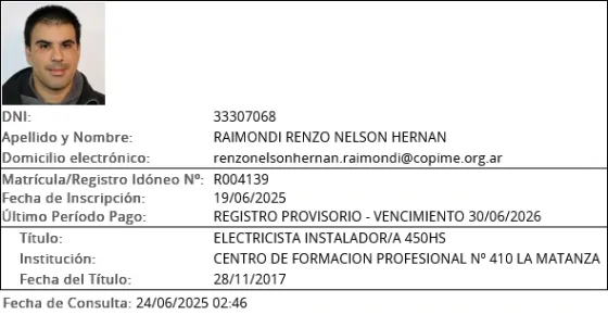 Electricista matriculado copime caba Balvanera