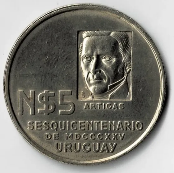 Moneda de uruguay 5 pesos 1975 vf +++++ Villa Crespo