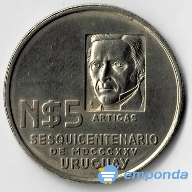 Moneda de uruguay 5 pesos 1975 vf +++++ Villa Crespo - imagen 2