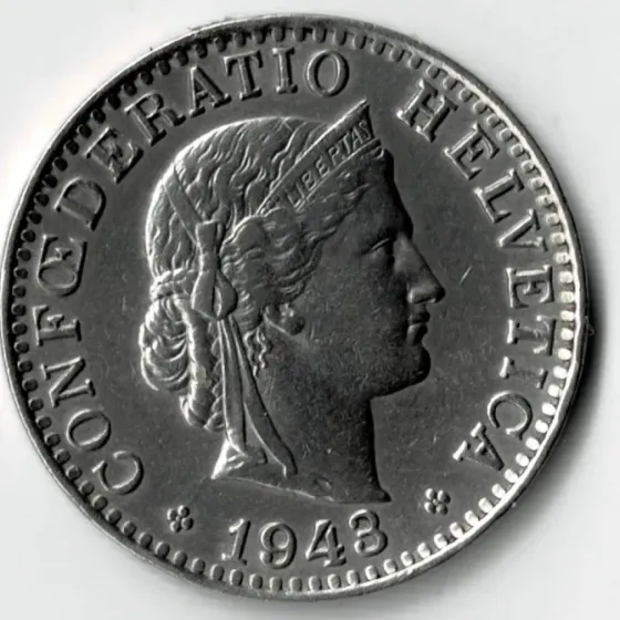 Moneda de Suiza 20 Rappen 1943 Muy Buena +++++ Villa Crespo