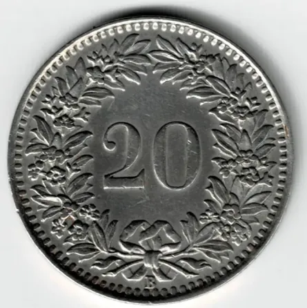 Moneda de Suiza 20 Rappen 1943 Muy Buena +++++ Villa Crespo