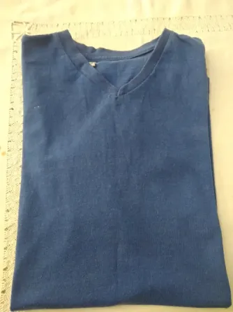 Remera azul de algodon, escote en V. Unisex Floresta