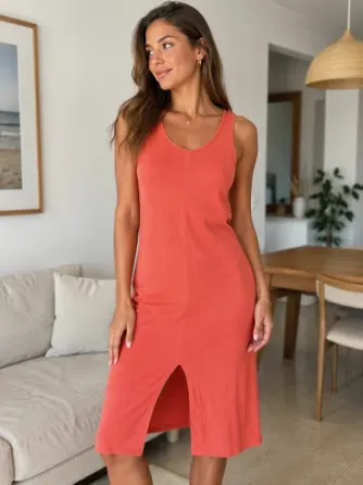 Vestido básico, cuello redondo, breteles anchos y abertura Floresta