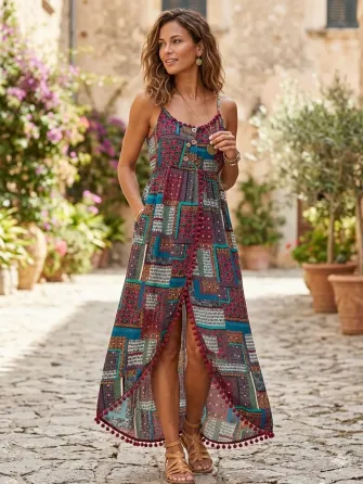 Vestido largo con estampado y detalles de pompones Floresta