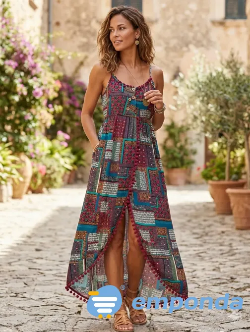 Vestido largo con estampado y detalles de pompones Floresta - imagen 1