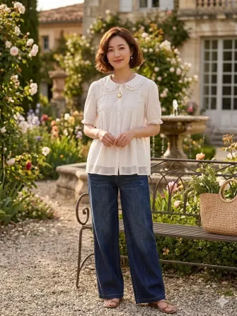 Blusa estilo romantico, con mezcla de texturas Floresta
